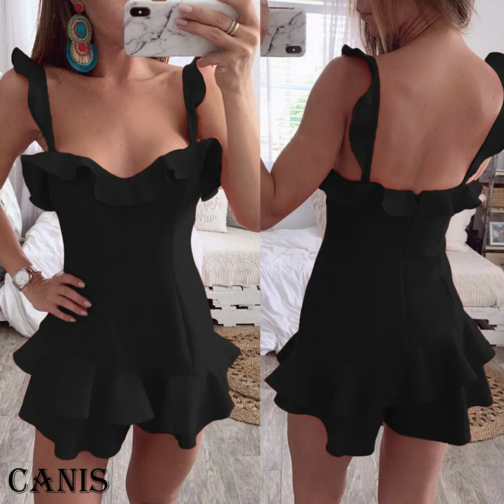 Womens Solid Sling Multi0layers Ruffles Frill Strappy Summer Holiday Party Bodycon Beach Short Mini Swing Dress | Женская одежда