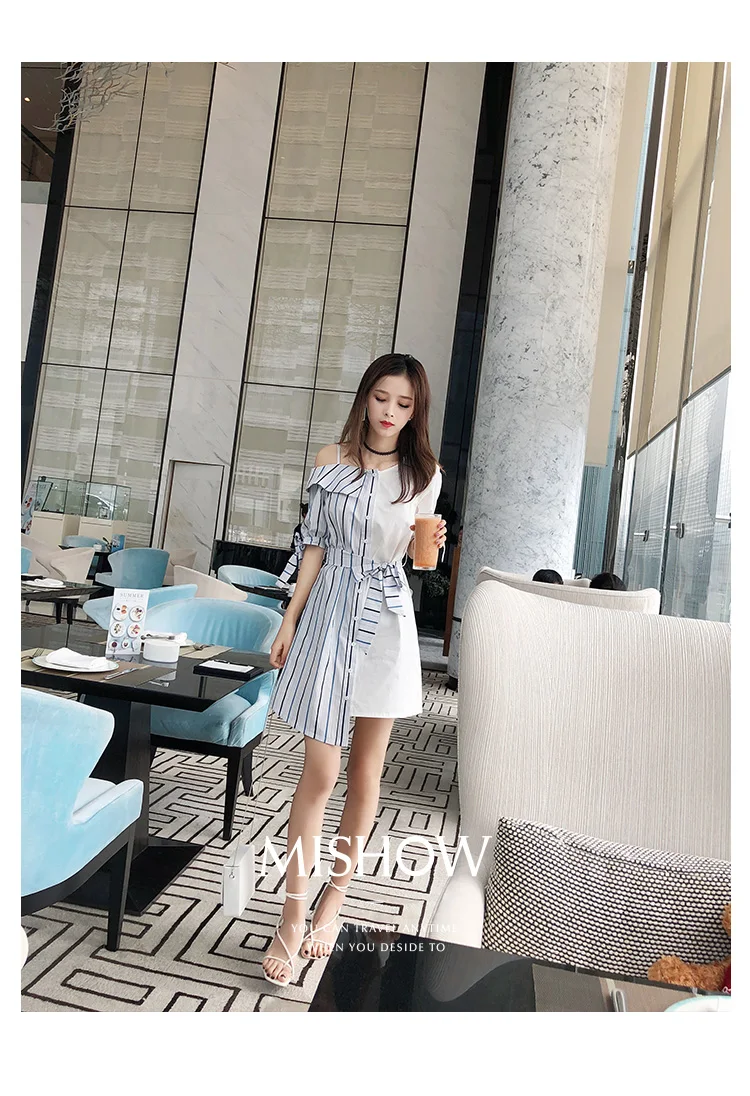 Mishow Модное женское платье с открытыми плечами+ поясом MX18B1274
