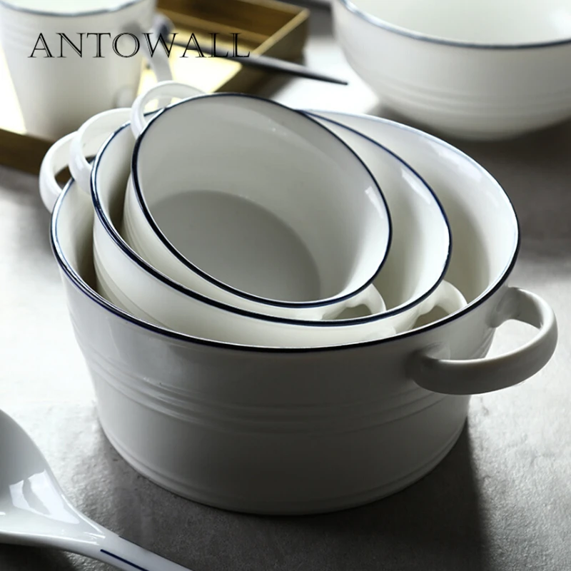 ANTOWALL синяя инкрустация большая тарелка для супа с ручкой Керамическая салат лапша суп чаша, нордический завтрак выпечки инструмент
