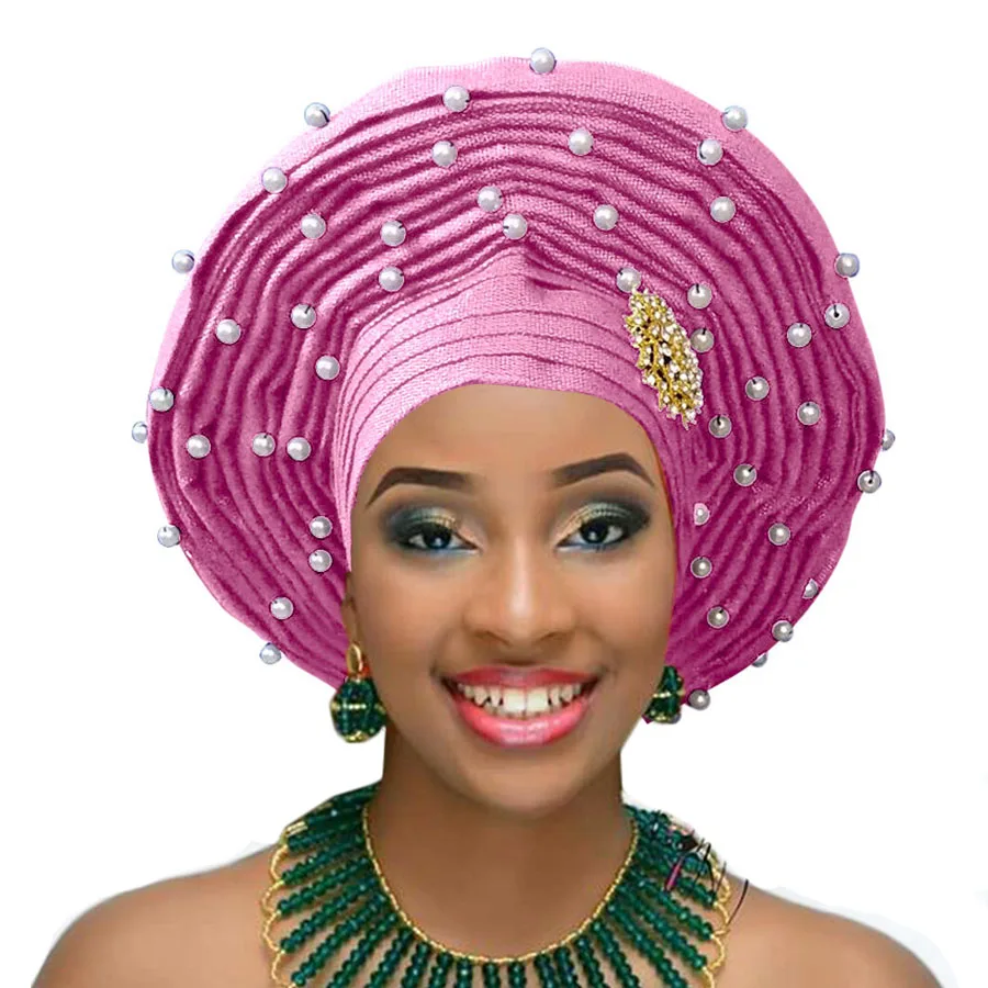Африканский геле уже heatie Aso oke головной убор с бисером Африканский головной убор для женщин - Цвет: pink