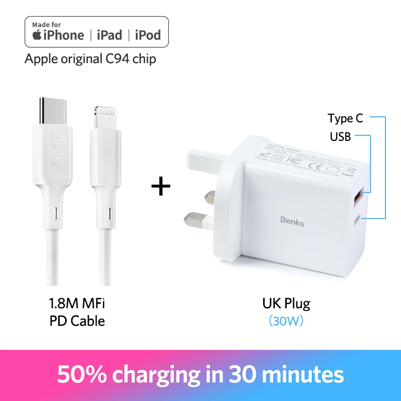 1.8M UK Plug Benks MFi PD кабель type C для Apple порт быстрая зарядка кабель для iPhone X/Xs/Xr/8 Plus PD адаптер питания USB C кабель для iPad Pro - Цвет: 1.8M UK Plug