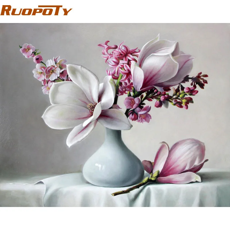 

RUOPOTY Diy Frame Acrylic Paint Magnolia Flower DIY Painting By Numbers Modern Wall Art Picture Unique Gift For Home Decor Arts
