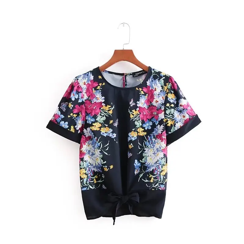 2018 женская футболка в стиле кантри с цветочным принтом vestidos hem bowknot blusas