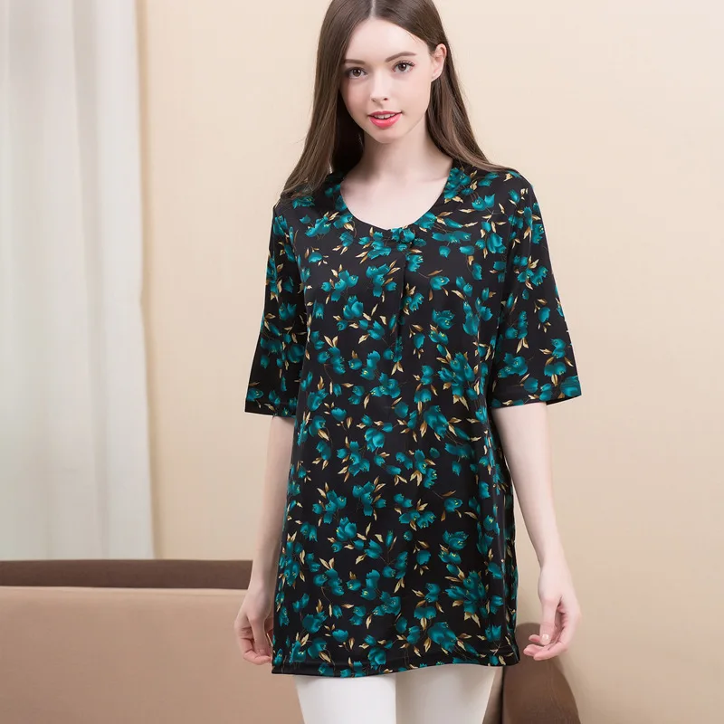 Summer Casual Women 100% Real Silk Blouses Short Sleeve Print O-neck Office Lady Shirts OL Blouses Plus Size Blouses