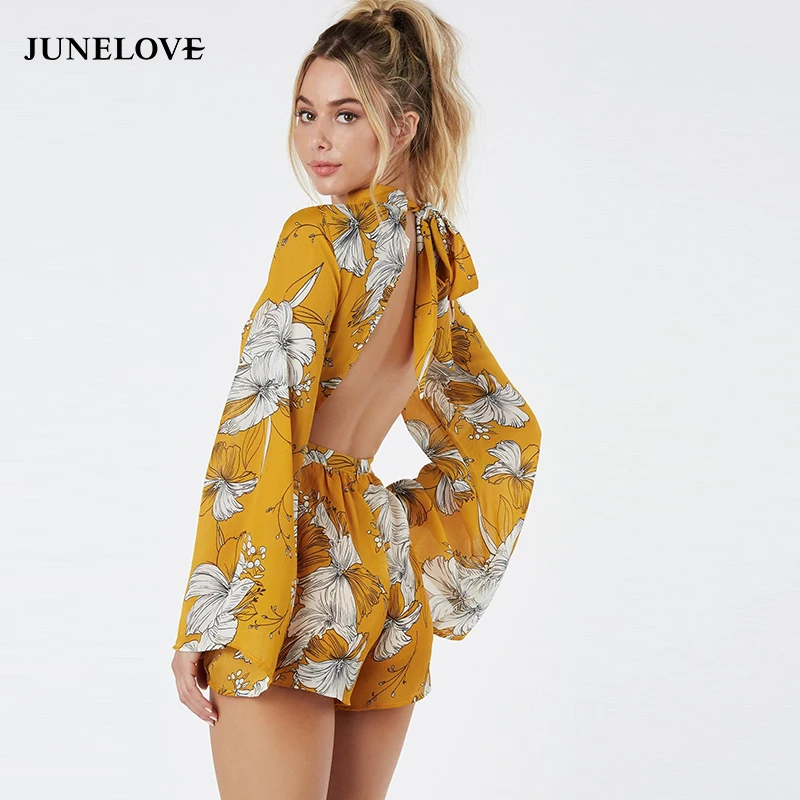 Женский пляжный комбинезон JuneLove желтый на шнуровке с цветочным принтом и