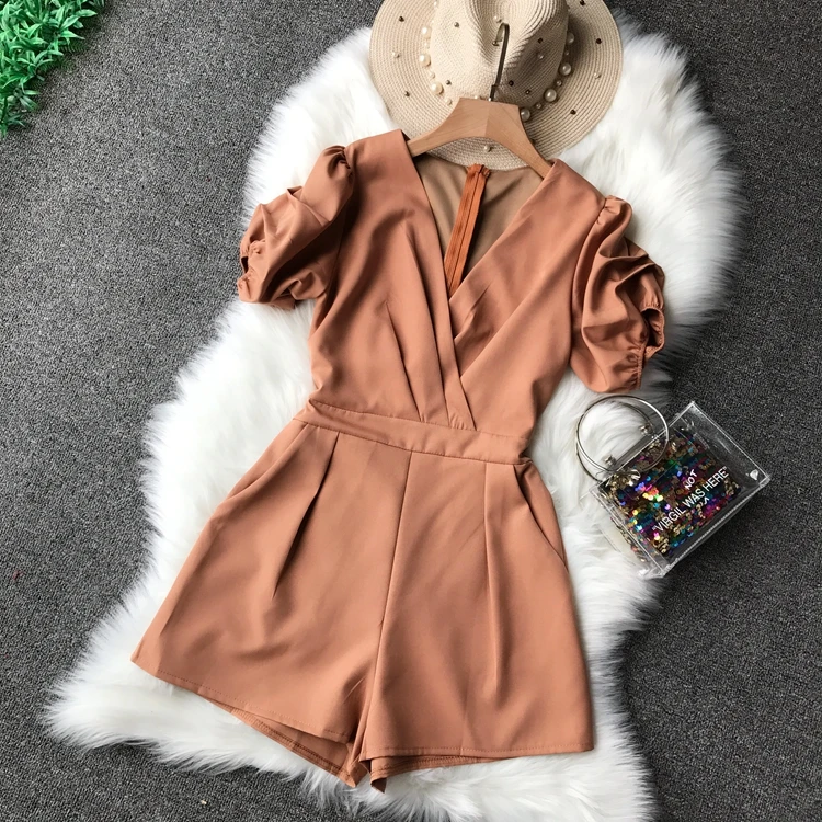Women's spring summer solid color short sleeve v neck jumpsuit female wide leg pants chic Playsuit TB1223 | Женская одежда