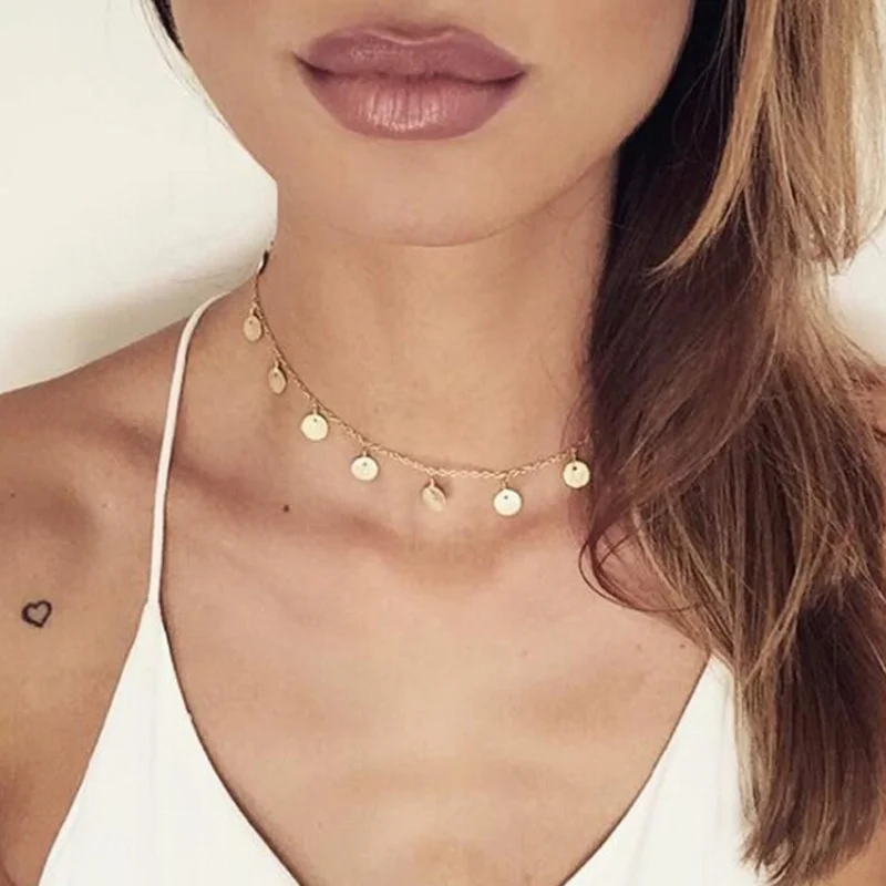 Изящное круглое массивное ожерелье чокер с монетницей и диском для женщин колье