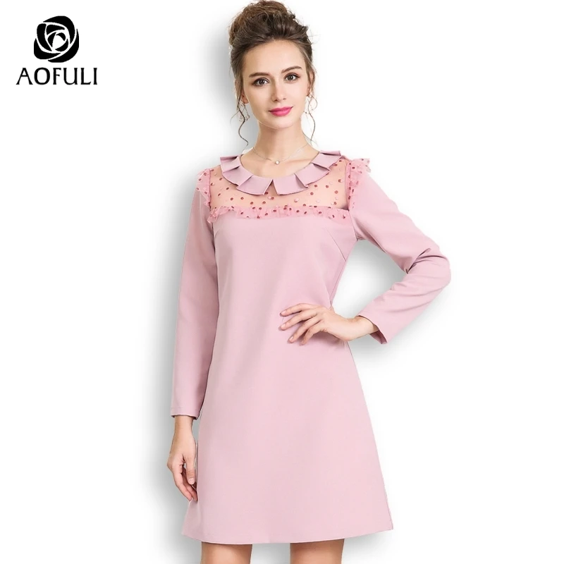 Aofuli плюс Размеры Для женщин плиссированное платье с длинными рукавами 2018 г. осень