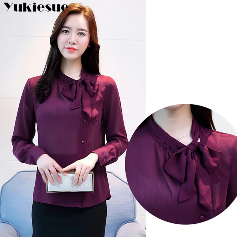 2018 Женская одежда с бантом на воротнике Весенняя шифоновая женская блузка