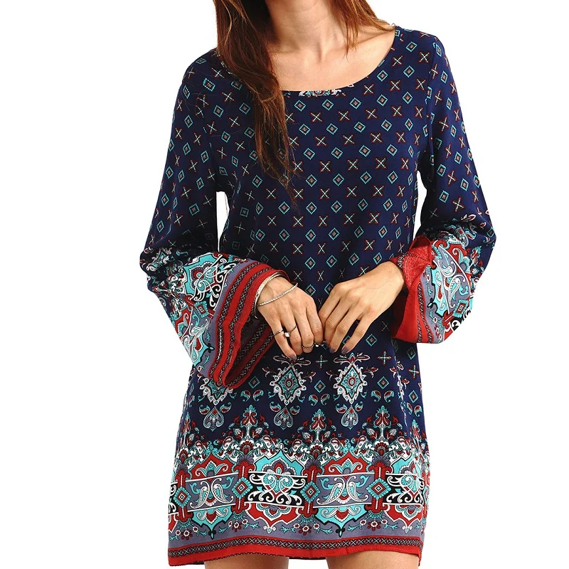 Шифоновое мини платье с длинным рукавом круглым вырезом и геометрическим