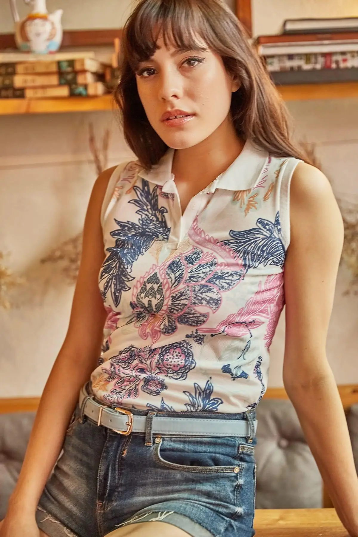 Женская темно синяя футболка с воротником поло без рукавов TSH 19000117|Футболки| |