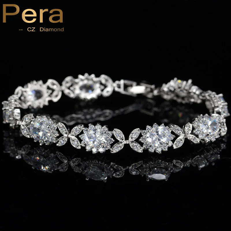 PERA CZ Роскошные свадебные 925 пробы серебряная бижутерия подключен чистый белый большой браслет-цепочка с цветами для свадебного подарка B071 - Окраска металла: white