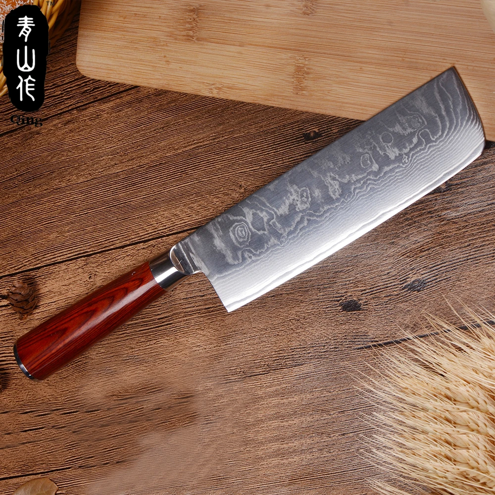Дамасский нож с коричневой ручкой QING цветная деревянная ручка кухонный