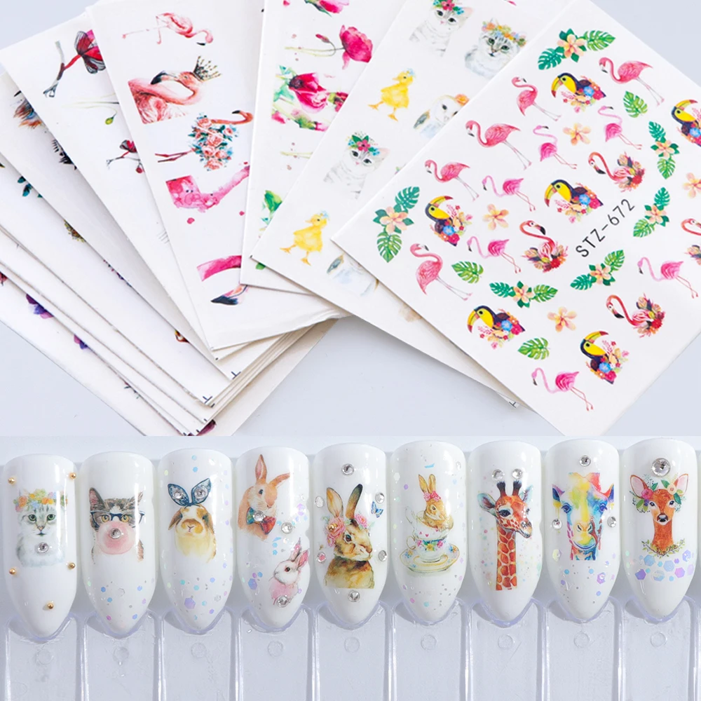 1pcs Nail Stickers Water Transfer Sticker Cartoon Flamingo Cute Animal Designs Nail Art Slider Manicure Decoration TRSTZ659-673 images - 6