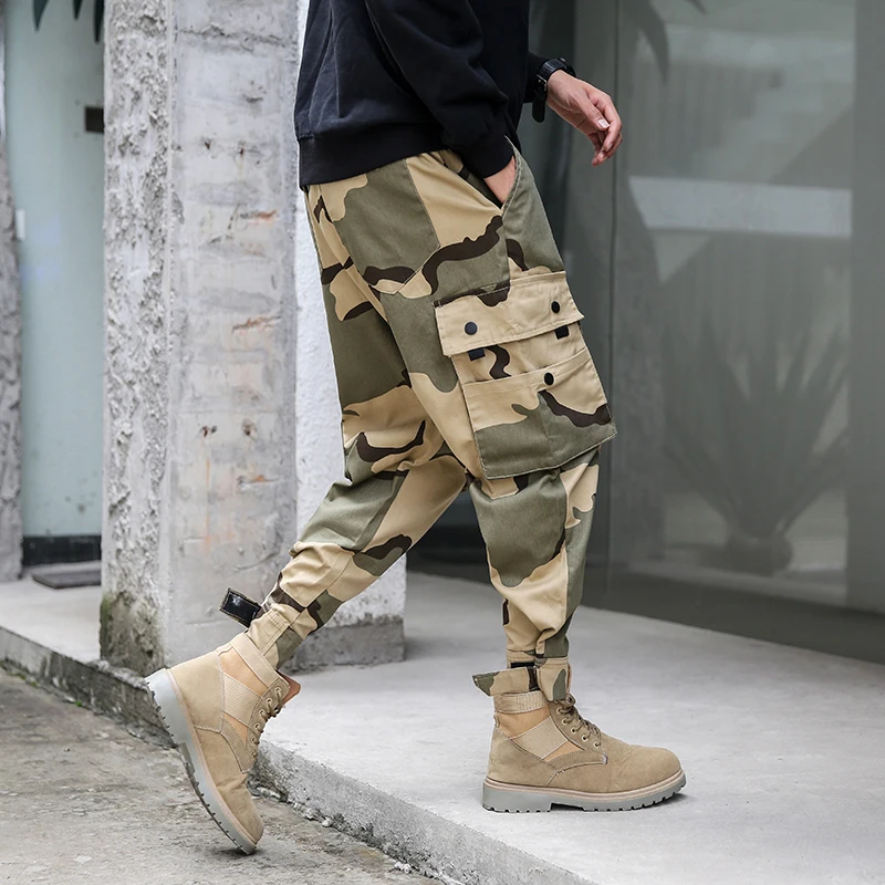

Spring and autumn new men's camouflage overalls tide brand loose large size multi-pocket casual sweatpants Black Orange