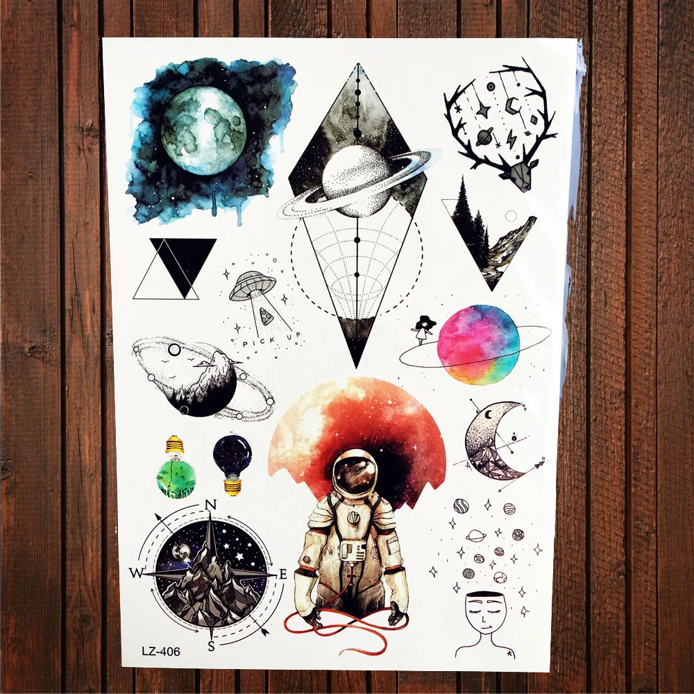 Временные татуировки с дизайном планет, животных: медведя, оленя, льва, волка, звезды, луны, гор, леса, черные и водонепроницаемые.