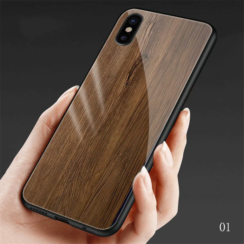 color 1 Чехол из окрашенного под дерево стекла для iPhone X, XR, XS, Max, чехол из закаленного стекла, Силиконовый противоударный чехол s, для iPhone 7, 8, 6, 6s plus - Цвет: color 1