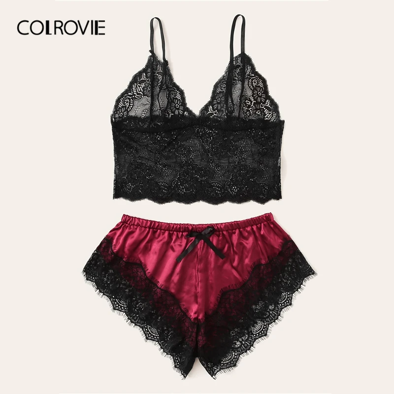 COLROVIE, цветочный кружевной бюстгальтер без косточек с атласными шортами, женский сексуальный комплект нижнего белья, летний комплект нижнего белья с бюстгальтером, Дамская одежда для сна