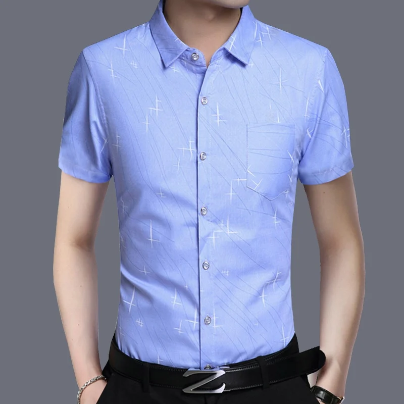 0816 Light Blue Новая мужская Весенняя летняя рубашка с коротким рукавом с принтом для молодых и средних лет, Мужская умная Повседневная рубашка синего и фиолетового цвета HOWDFEO - Цвет: 0816 Light Blue