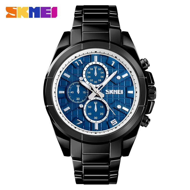 Black (Blue) SKMEI Роскошные мужские часы кварцевые 3Bar водонепроницаемые Топ Брендовые мужские s повседневные часы из нержавеющей стали деловые наручные часы Relogio Masculino - Цвет: Black (Blue)