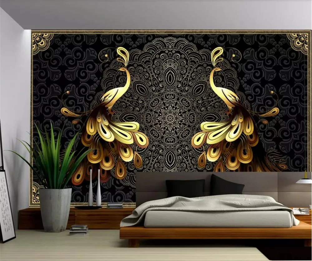 

beibehang Custom large wallpaper 3D mural luxury European black gold peacock background wall papers home decor papel de parede