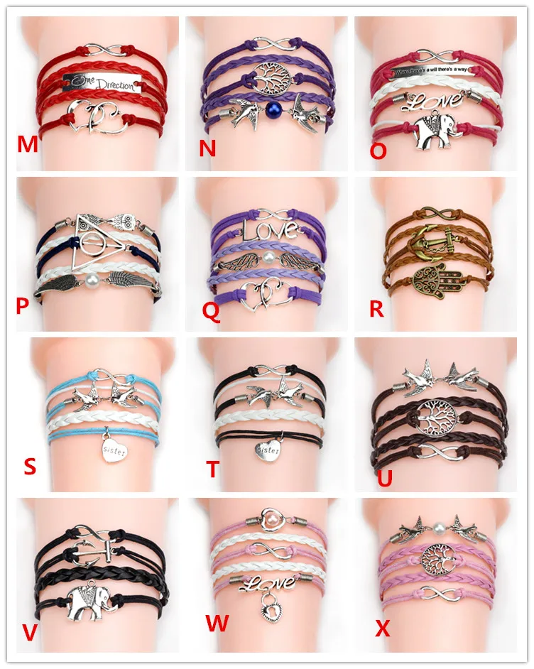 Double bird best friend vintage charm jewelry 2016 girls' fashion cheap leather multi-tier strand bracelet MFB069 mixed 12pcs |