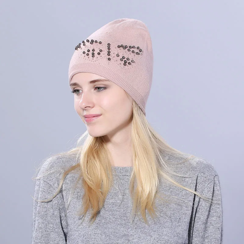 [YARBUU] настоящий шарик из меха норки шляпа для женщин Шерсть skullies beanies бабочка ногтей бусины твердые вязаные шапки для девочек женская Лыжная шапка - Цвет: pink