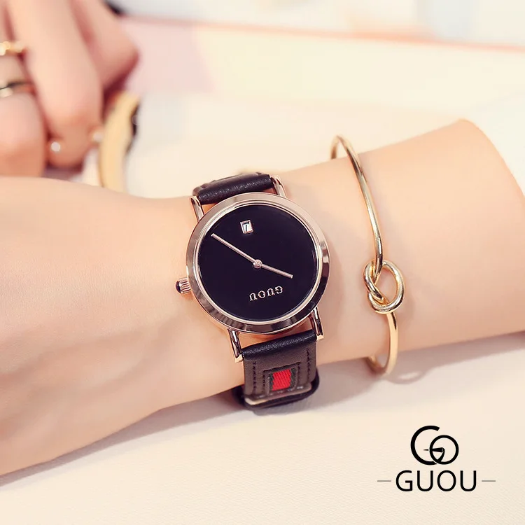 Женские Часы GUOU модные классические с кожаным календарем розовое золото |