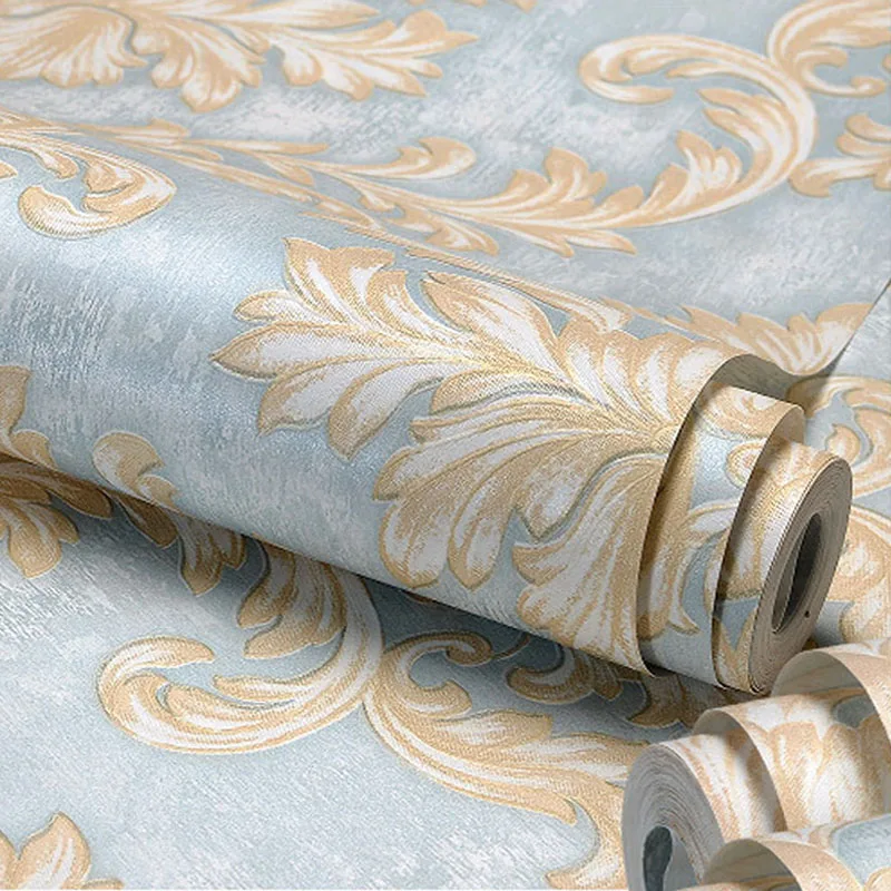

Non-woven 3D Wallpaper Roll Home Decoration vintage European Living Room Bedroom Background Embossed wall paper gold blue white