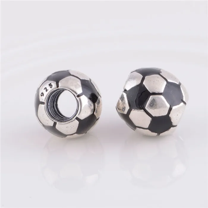 Подлинное 925 пробы серебро футбольный мяч спортивные бисера с черной эмалью