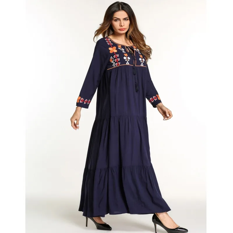 Muslim Women Autumn Dress Middle East Embroidered Ethnic Style Vintage Elegant Large Size Clothing Long Sleeve Maxi Casual | Женская
