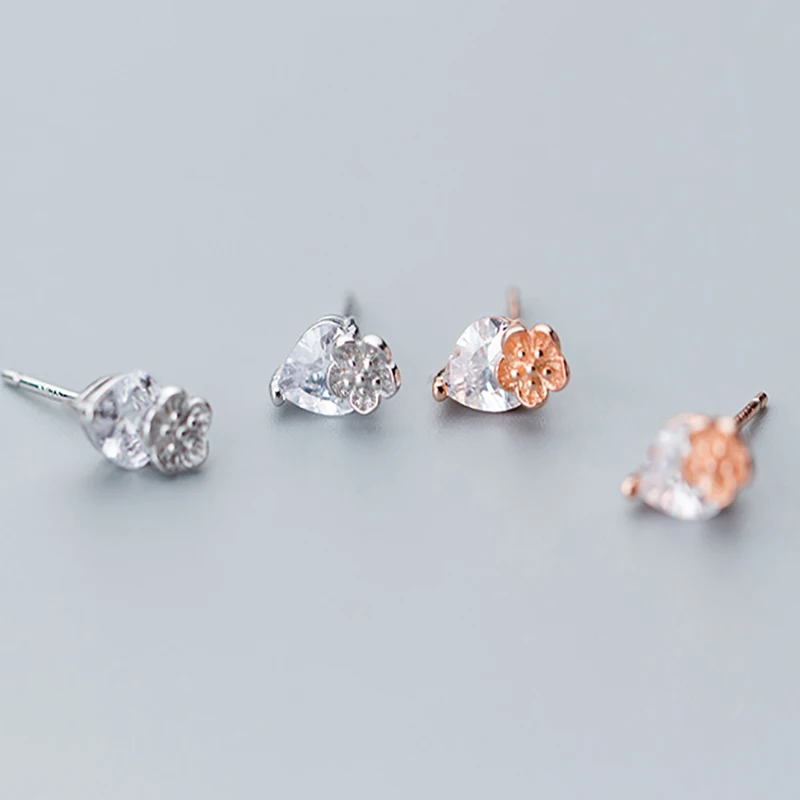 INALIS New Delicate Simple Design S925 Sterling Silver Flower with Waterdrop Clear Single CZ Stone Crystal Stud Earrings Girls | Украшения