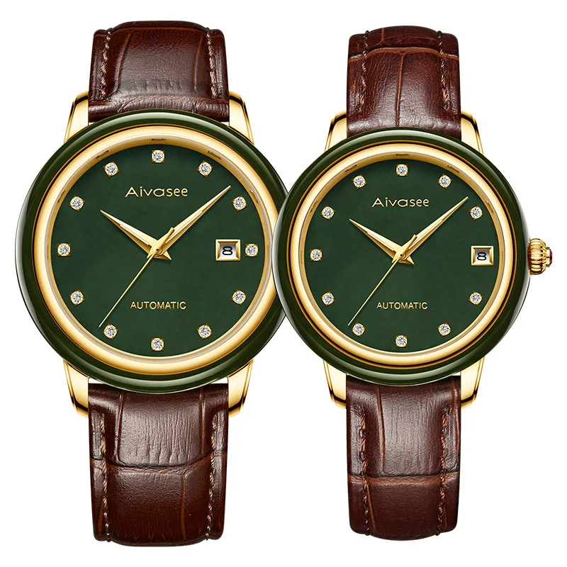 Couple Gold Leather Лидирующий бренд, роскошные мужские наручные часы из натурального темного нефрита, автоматические механические часы Loreo для женщин Horloge Heren - Цвет: Couple Gold Leather