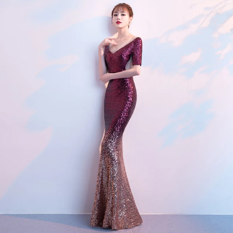Sexy Backless Evening Dress Elegant Gradient Sequins Long Mermaid | Свадьбы и торжества