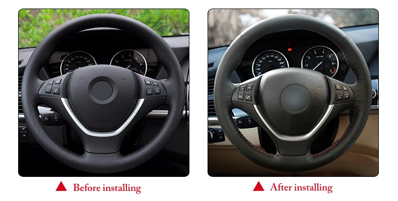

Hand sewing custom Black Leather Car Steering Wheel Cover for BMW E70 X5 2008-2013