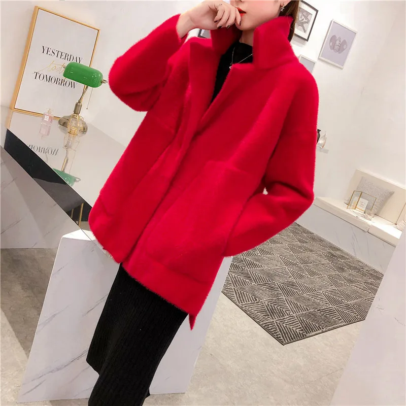 new women imitation mink cashmere coat autumn winter Korean loose Super soft candy color sweater female knit cardigan thick |