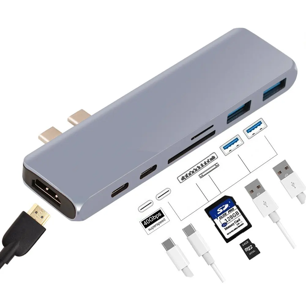 USB C Hub Adapter 7 in 1 Dual Type-C Docking Station Thunderbolt 3 for MacBook Pro with 100W Power Delivery USB-C 4K HDMI | Мобильные