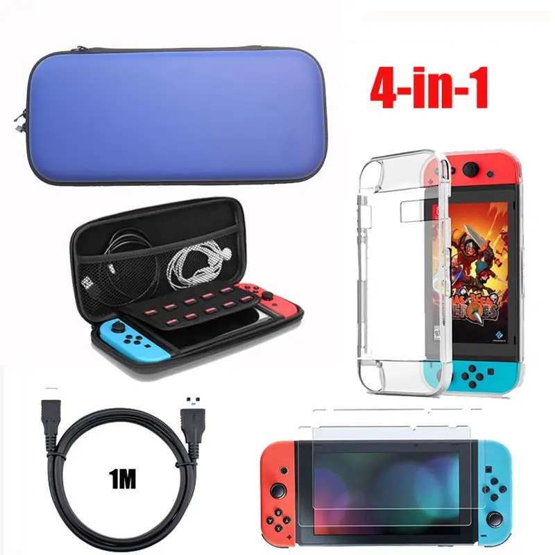 Для Nintendo Switch 4 в 1 Аксессуары несущих чехол сумка+ зарядный кабель+ защитная оболочка+ пленка для экрана из закаленного стекла для NS
