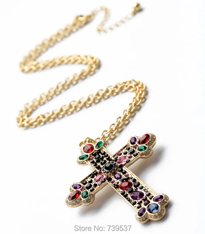 Романтический Стиль золото Цвет большой ful Стекло крест кулон длинная цепь