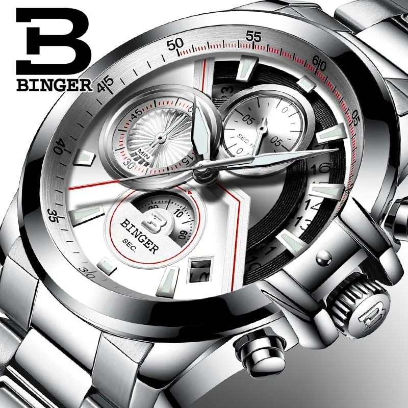Stainless steel 04 Switzerland BINGER мужские часы лучший бренд класса люкс Хронограф светящийся водонепроницаемый из нержавеющей стали Спортивные кварцевые мужские часы - Цвет: Stainless steel 04