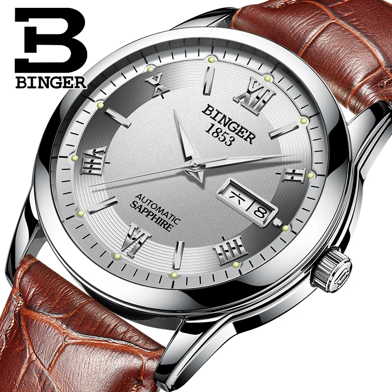 Switzerland watches men luxury brand Wristwatches BINGER luminous Mechanical leather strap Waterproof BG-0383-12 | Наручные часы