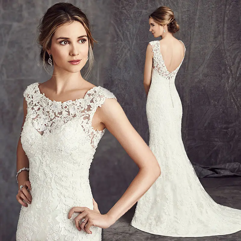 

Elegant Mermaid Scoop Sleeveless Wedding Dresses White Ivory Vestido De Noiva Lace Bridal Gown Custom Make Size 2 4 6 8 10 12 14