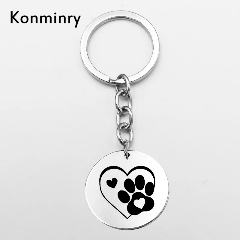 Key chains Милые Черные брелки для ключей из нержавеющей стали в виде лапы питомца, круглый металлический кулон, художественные брелки с принтом «любовь», «кошка», «Собака», серебряные подарки, ювелирные изделия - Цвет: Key chains
