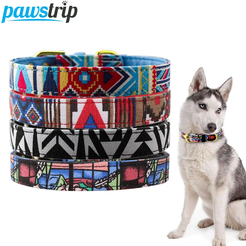 Pawstrip Холщовый кожаный ошейник с принтом Pitbull Puppy ошейник Регулируемый ошейник для питомцев для маленьких собак Collier Chien Petshop S/M/L