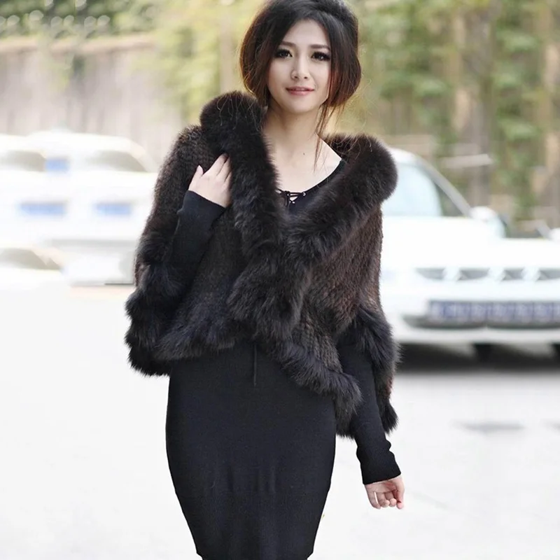 Autumn Winter Ladies' Genuine Knitted Mink Fur Shawls Fox Collar Women Pashmina Wraps Bridal Cape LF5060 |