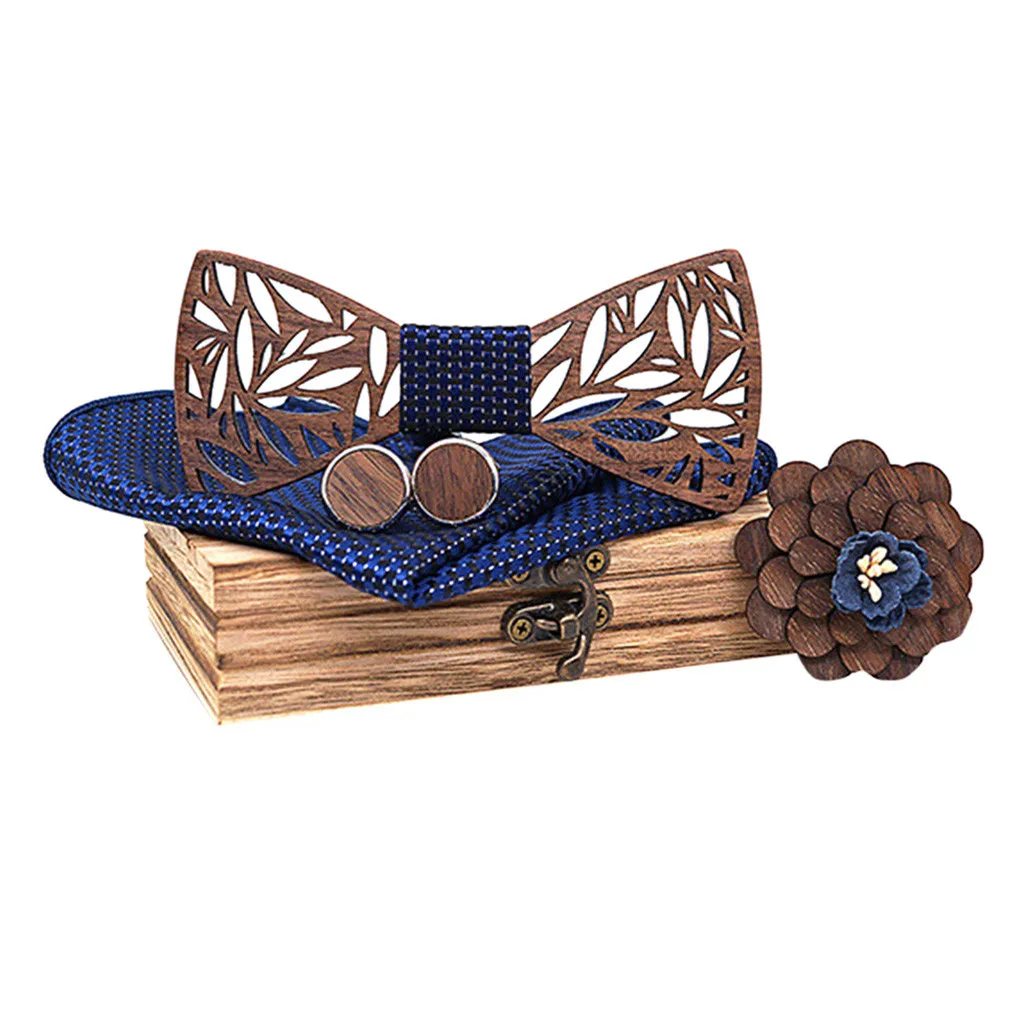 Blue Wooden Bow Tie Handkerchief Set Men's Plaid Bowtie Wood Hollow carved cut out Floral design And Box Novelty ties Bowtie - Цвет: Blue