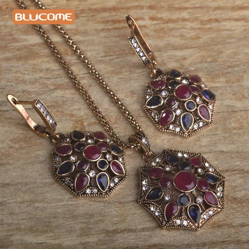 Blucome, винтажная Турецкая подвеска, ожерелье, серьги, ювелирный набор, кристалл, смола, круглые d-крючки, серьги для женщин, свадебные аксессуары - Окраска металла: Red