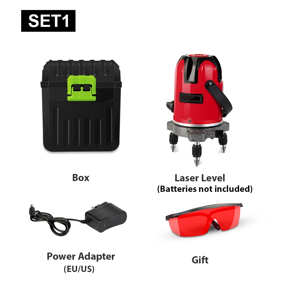 SET1 Красный лазерный нивелир, 5 линий, 6 точек, 360 градусов, Вращающийся крест, лазерный, самонивелирующийся, горизонтальный и вертикальный наклон, открытый, Nivel лазер - Цвет: SET1