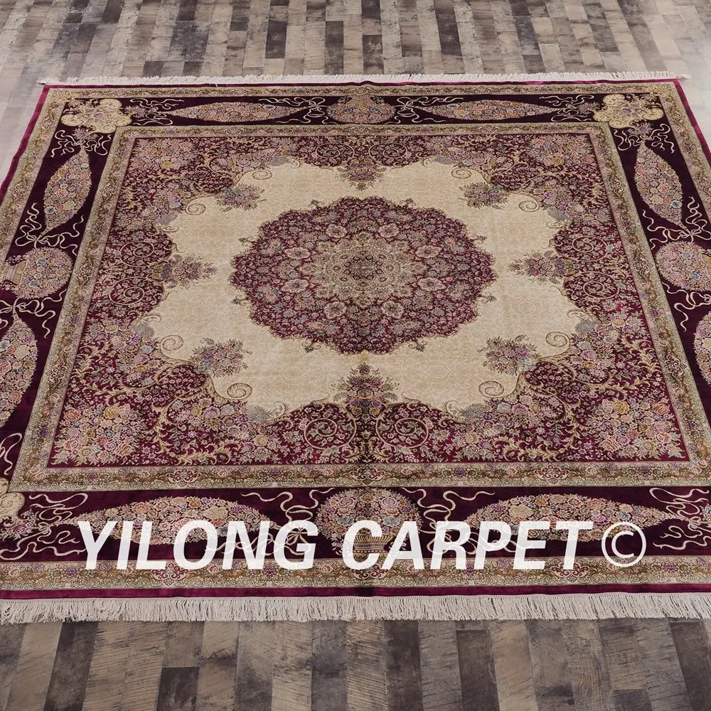 Yilong 10 'x 10' восточные квадратные ковры фиолетовый бежевый изысканный ручной