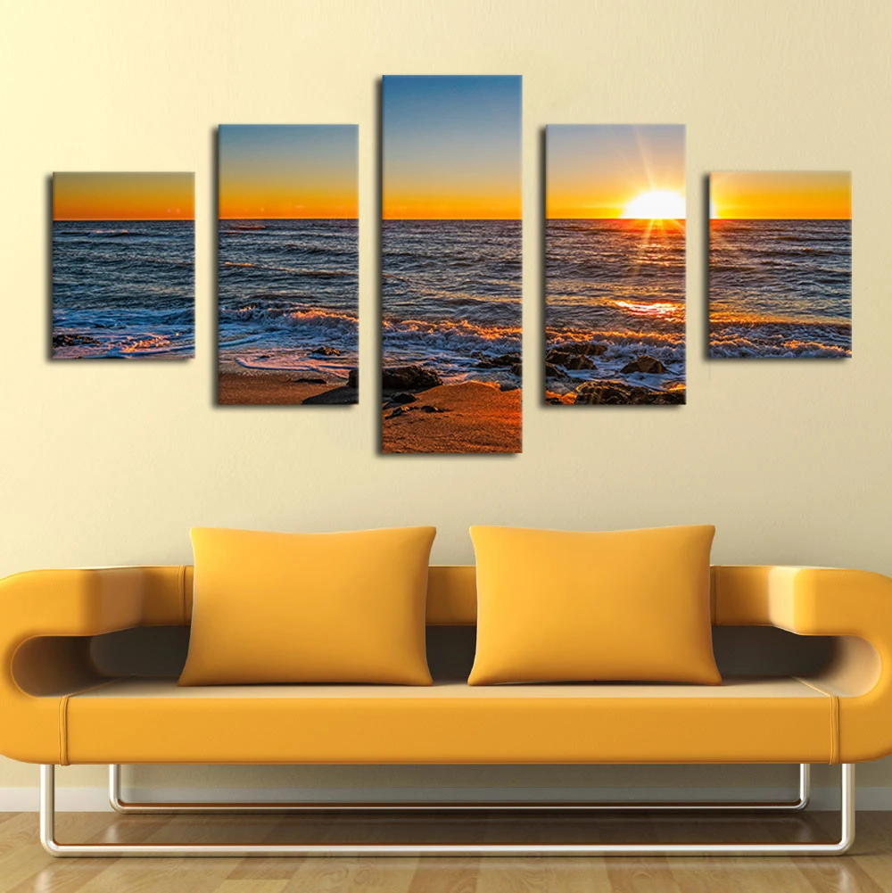 5 панелей волны Закат океан горячая Распродажа домашняя декоративная Картина на